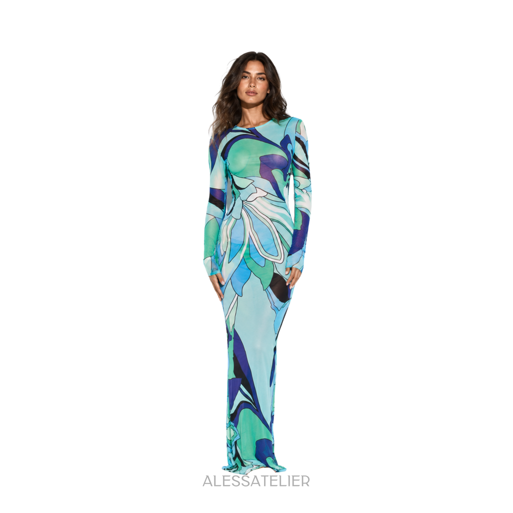 René Sheer Maxi Dress, Ocean Blue