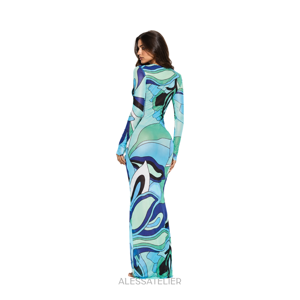 René Sheer Maxi Dress, Ocean Blue