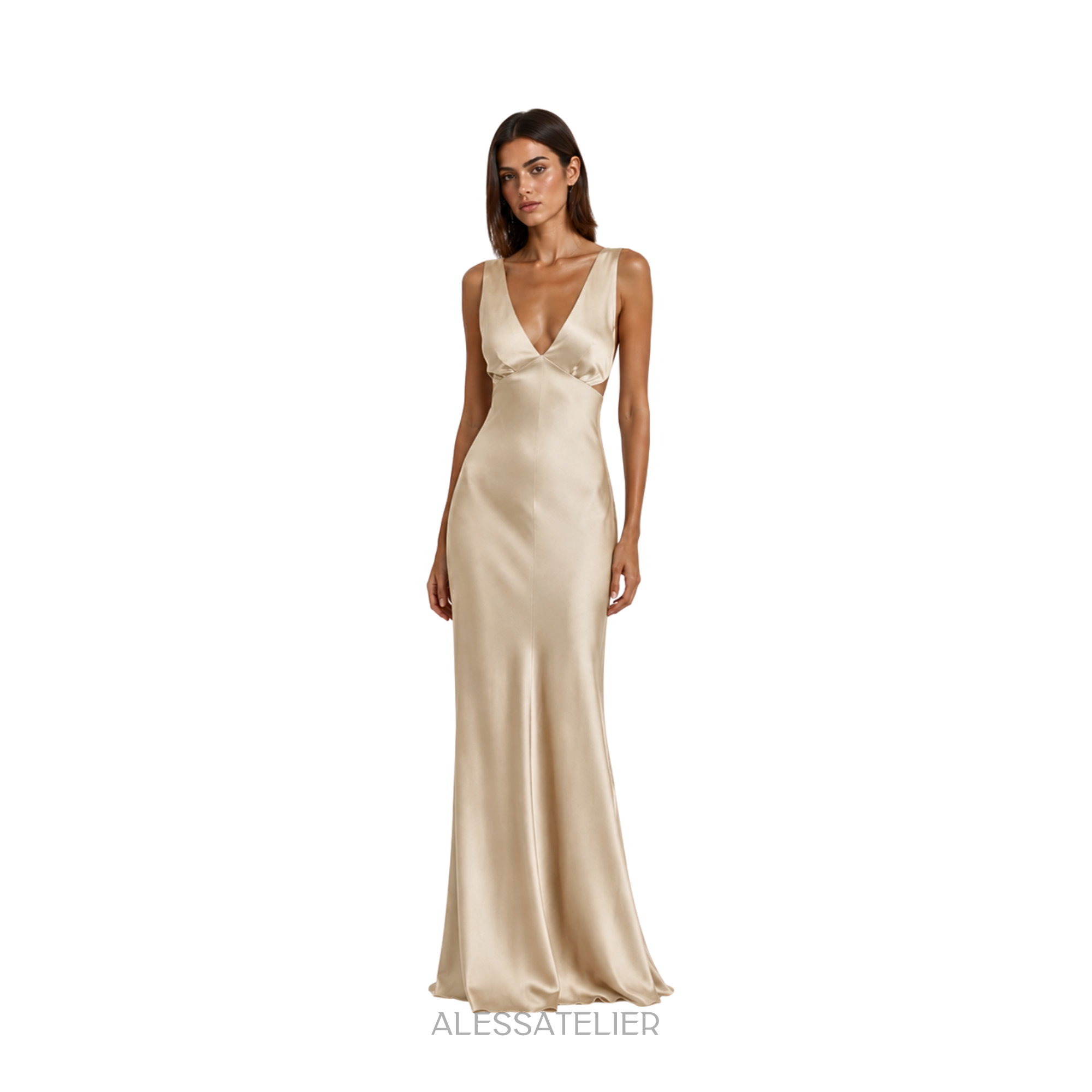 Sofia Satin Maxi Dress, Almond