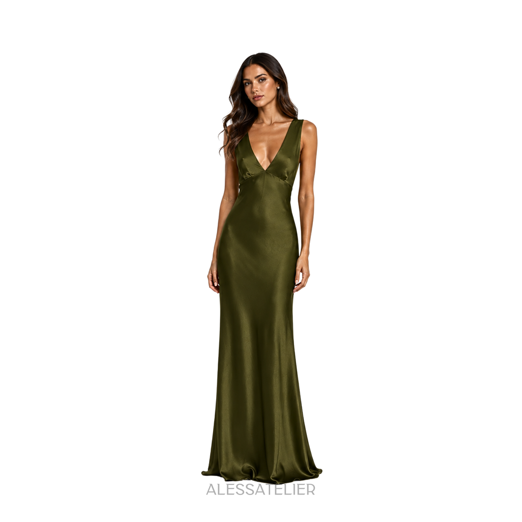 Sofia Satin Maxi Dress, Olive Green