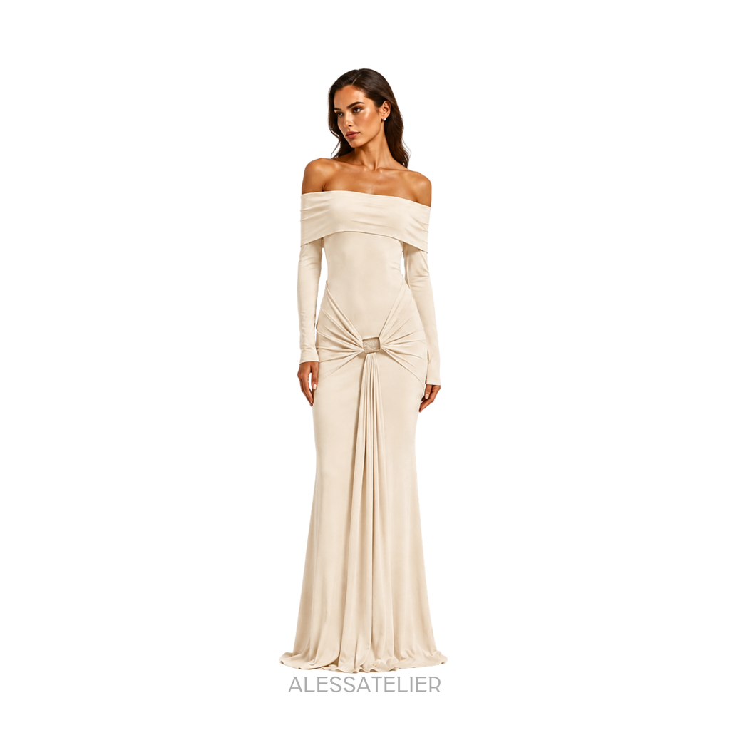 Lauren Contour Fitted Maxi Dress, Bone