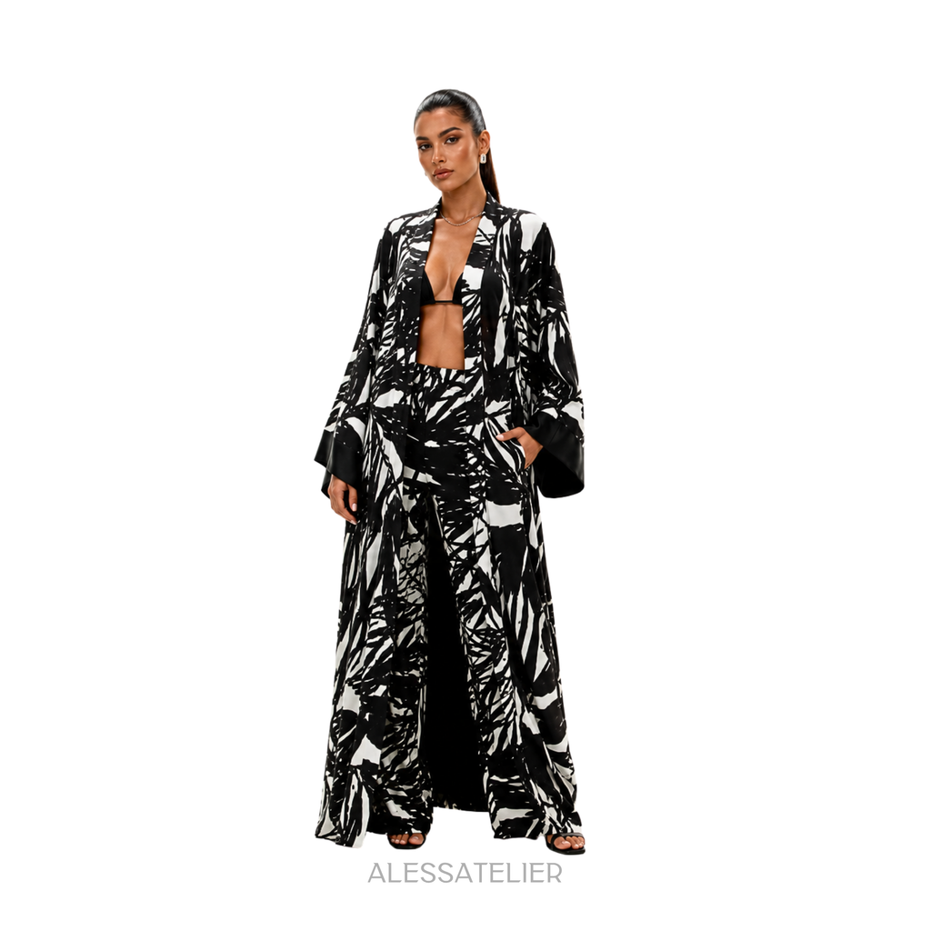 Creta Satin Kimono Set, Black & White